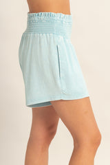 Light Blue Smocked Waist Mineral Wash Shorts
