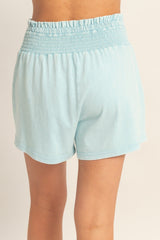Light Blue Smocked Waist Mineral Wash Shorts