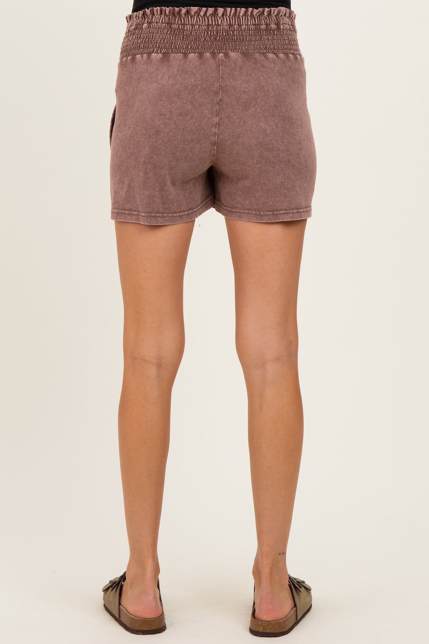 Chocolate Smocked Waist Mineral Wash Maternity Shorts