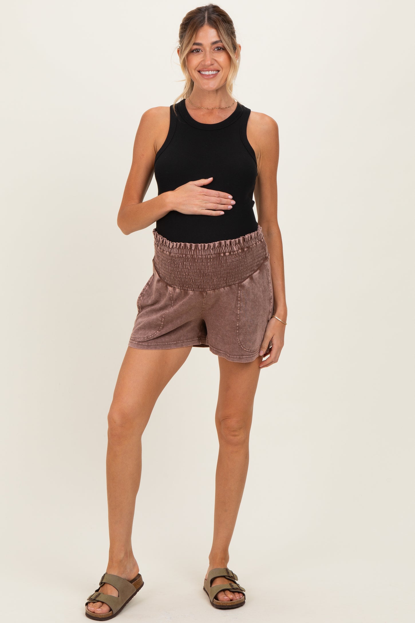 Chocolate Smocked Waist Mineral Wash Maternity Shorts