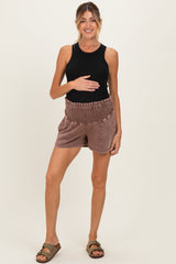 Chocolate Smocked Waist Mineral Wash Maternity Shorts