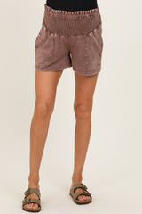 Chocolate Smocked Waist Mineral Wash Maternity Shorts