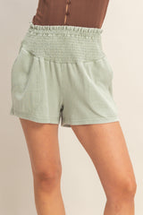 Sage Smocked Waist Mineral Wash Shorts