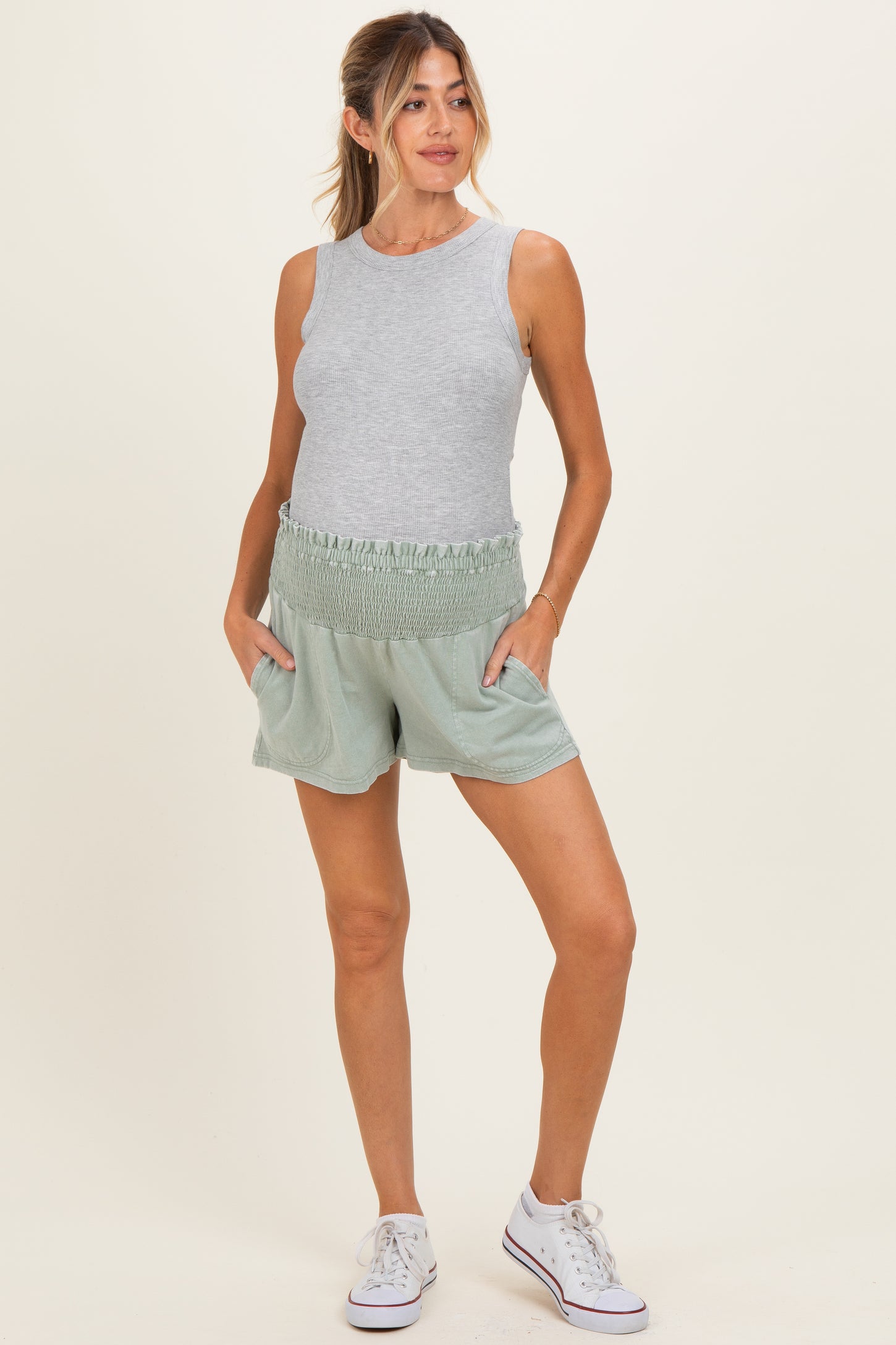Sage Smocked Waist Mineral Wash Maternity Shorts