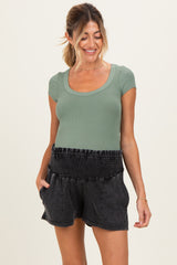 Black Smocked Waist Mineral Wash Maternity Shorts