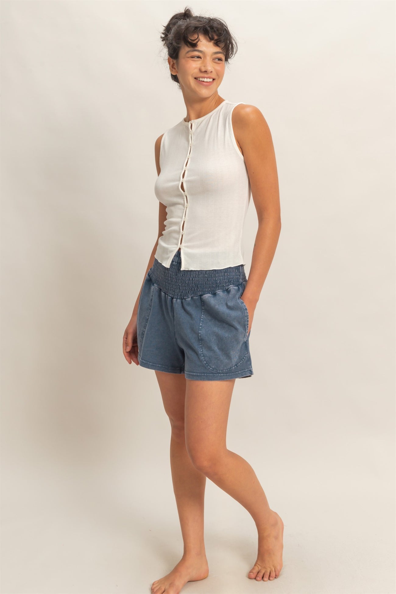 Navy Smocked Waist Mineral Wash Shorts