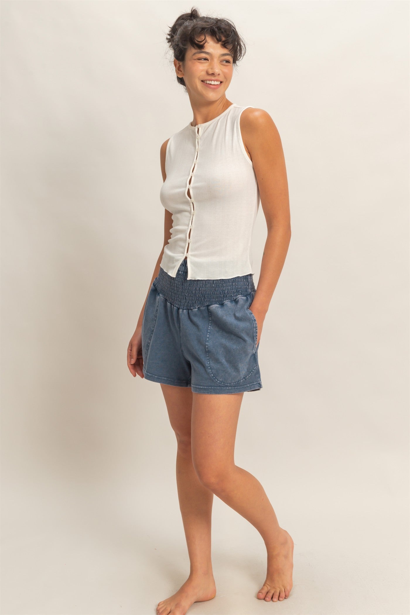 Navy Smocked Waist Mineral Wash Shorts