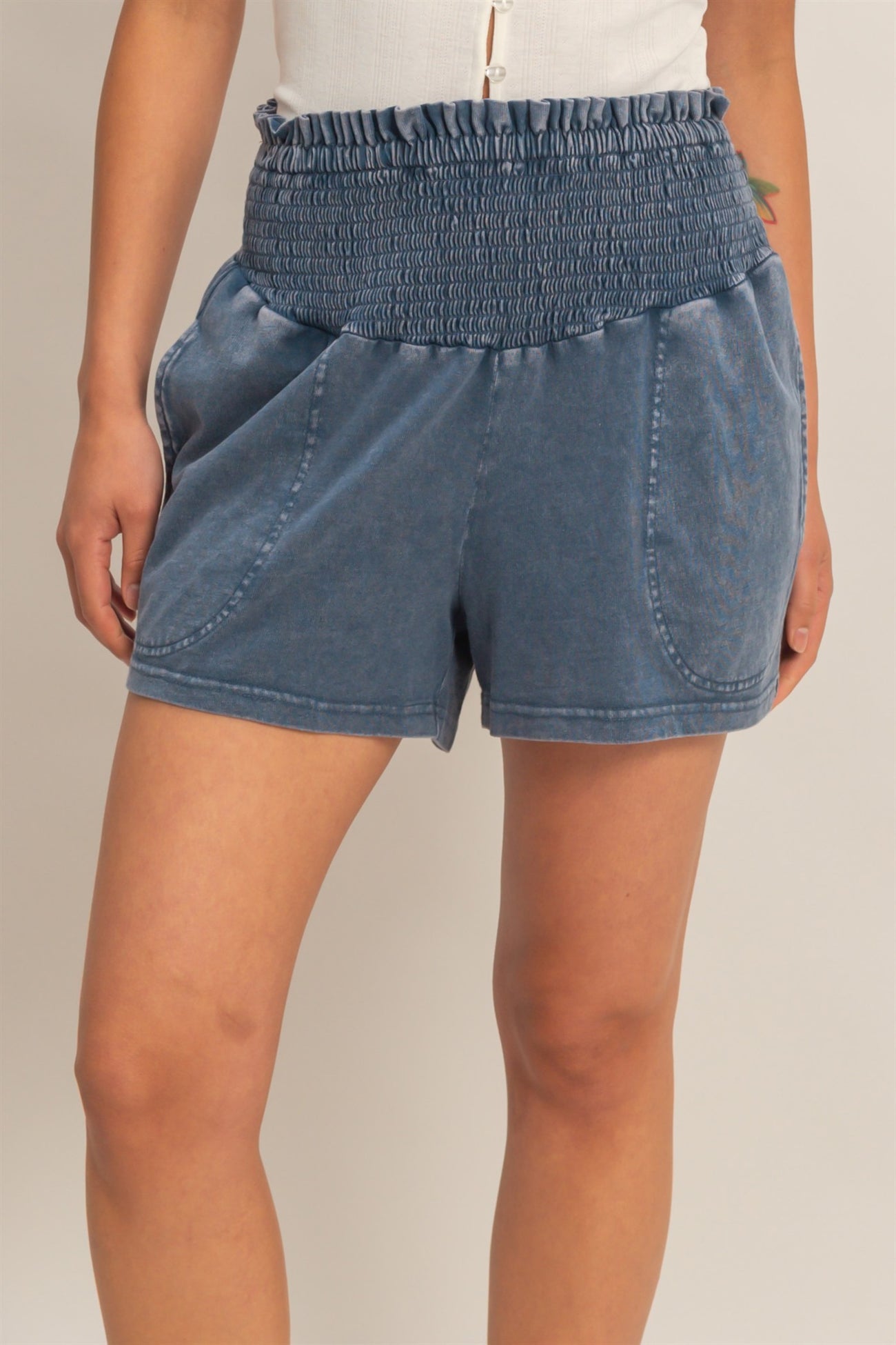 Navy Smocked Waist Mineral Wash Shorts