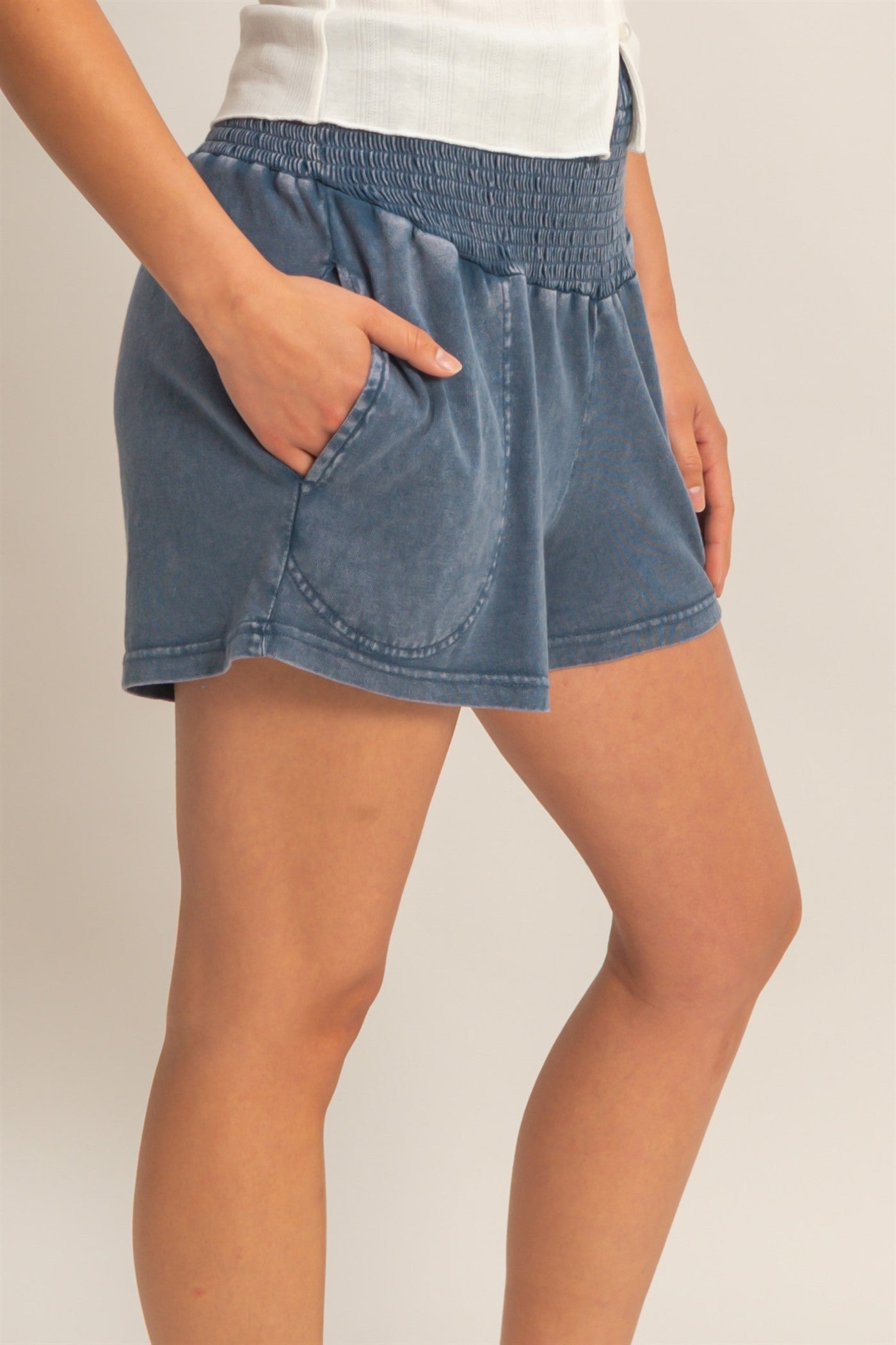 Navy Smocked Waist Mineral Wash Shorts