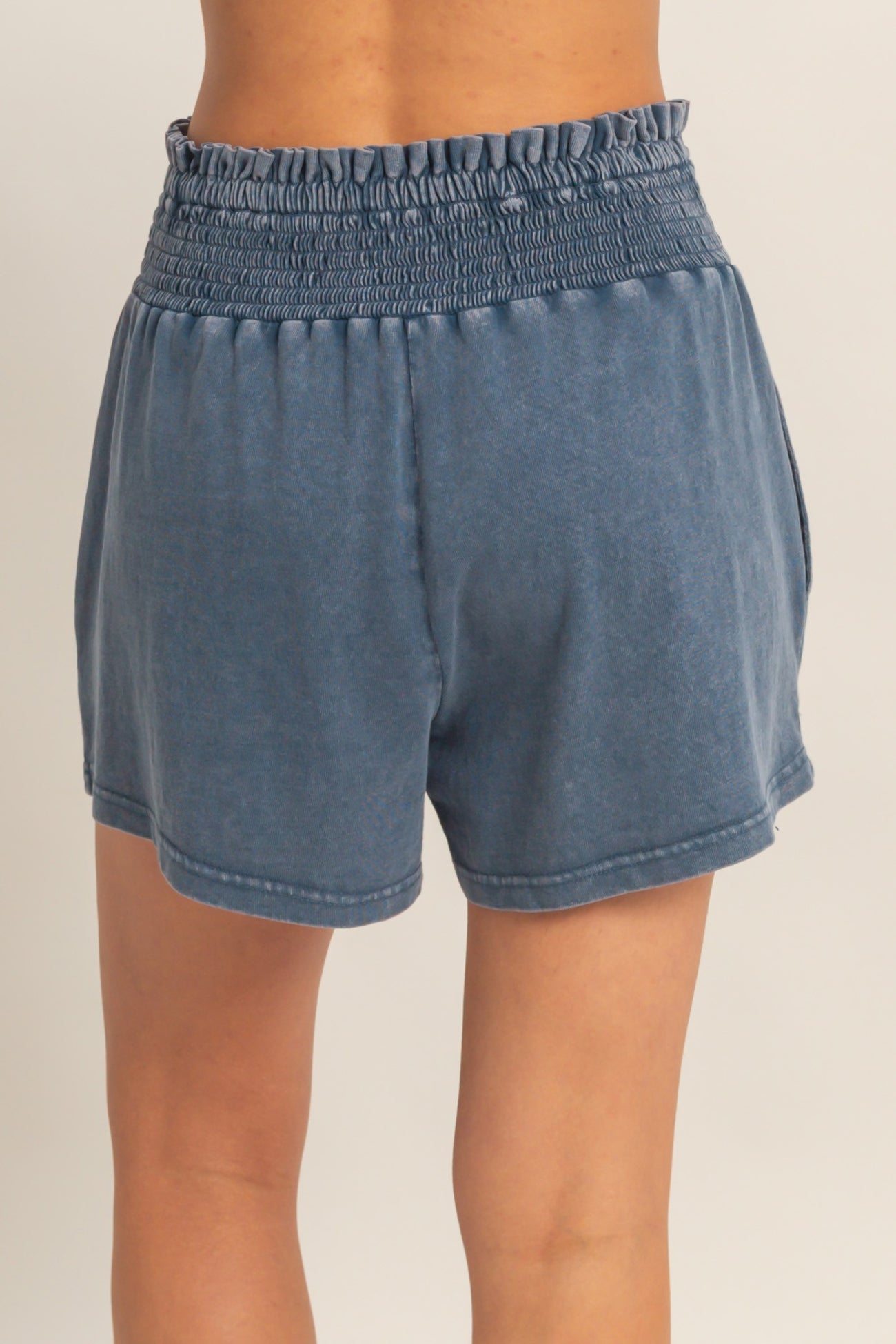 Navy Smocked Waist Mineral Wash Shorts