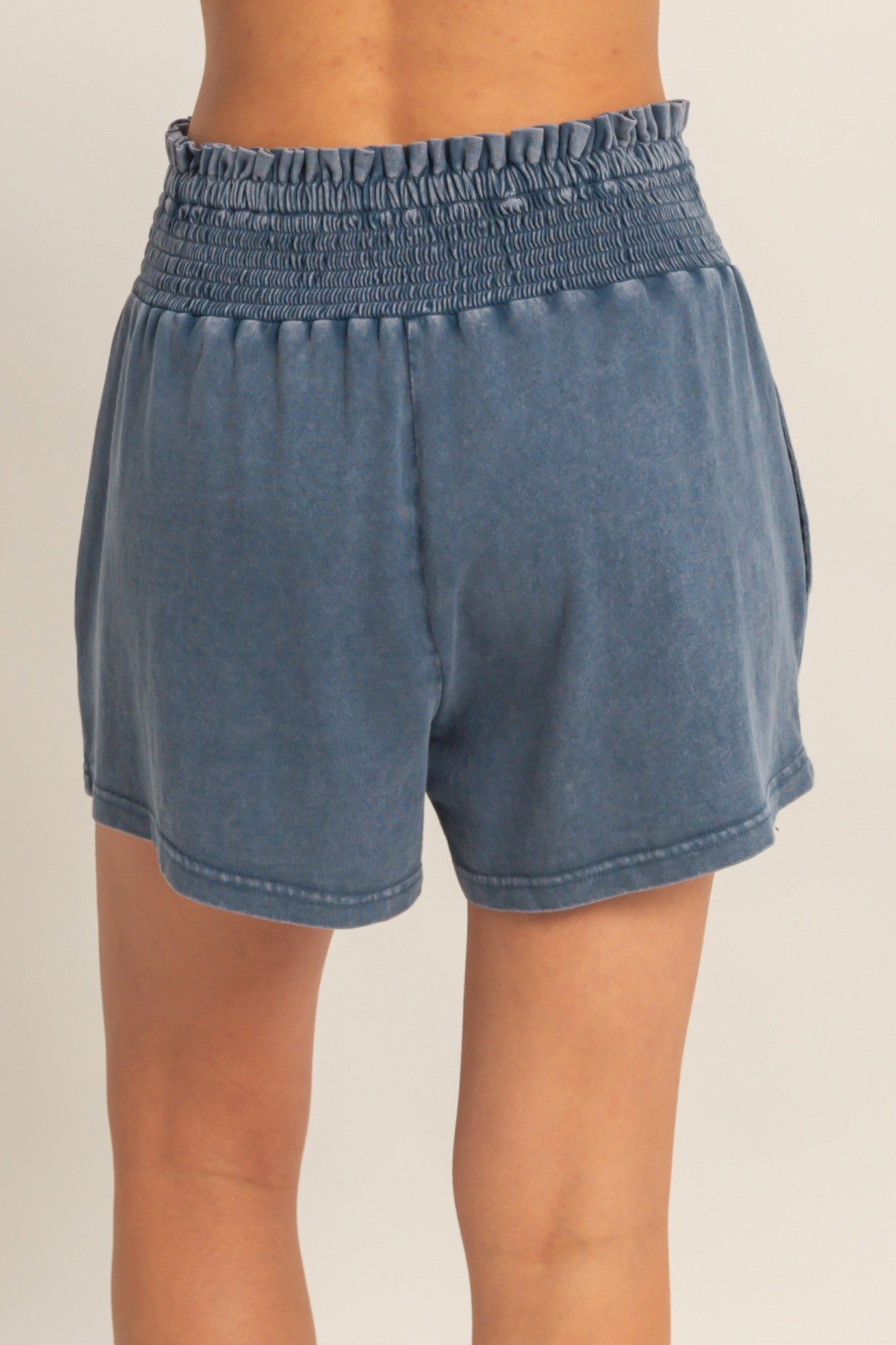 Navy Smocked Waist Mineral Wash Shorts