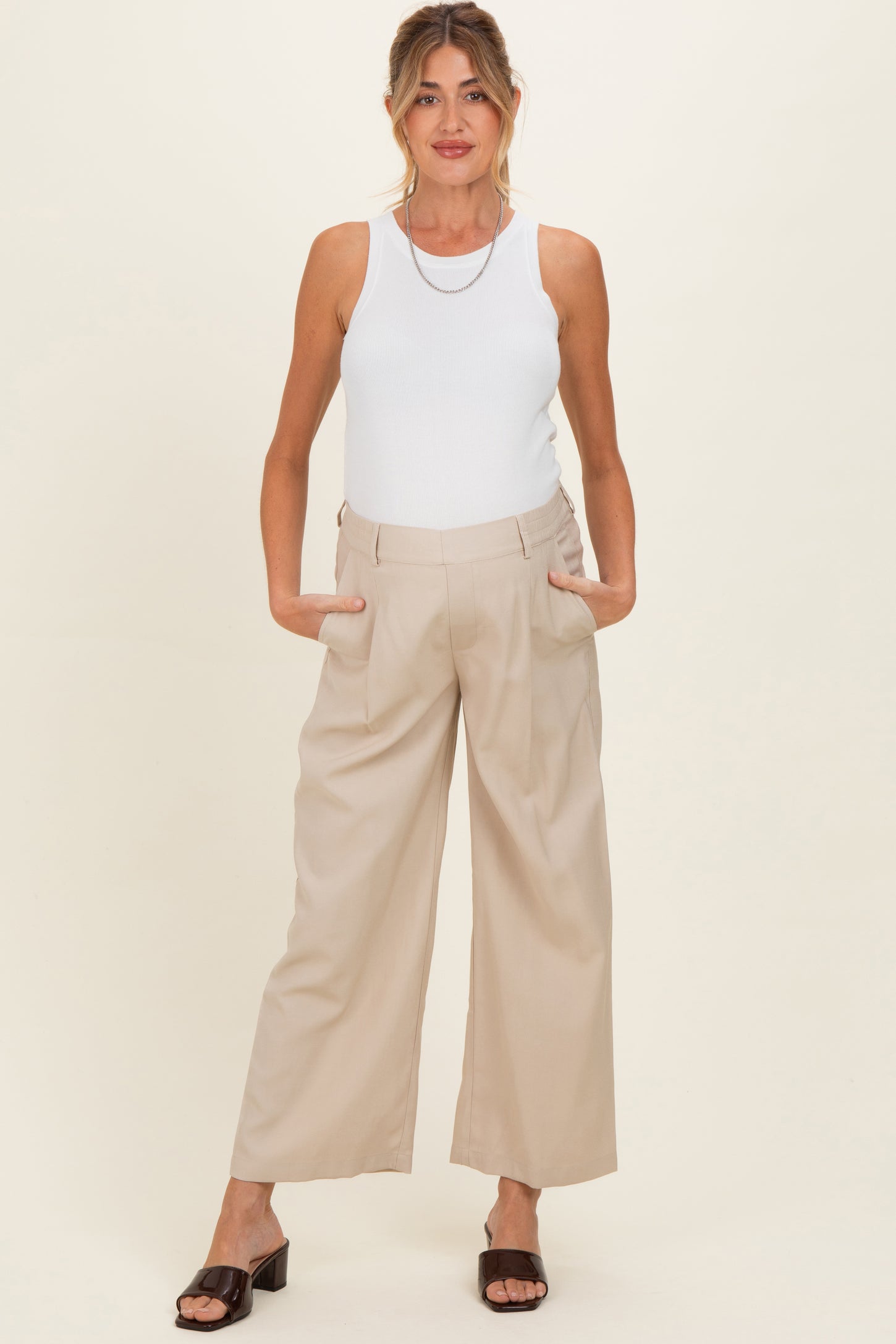 Beige Elastic Waistband Maternity Trousers