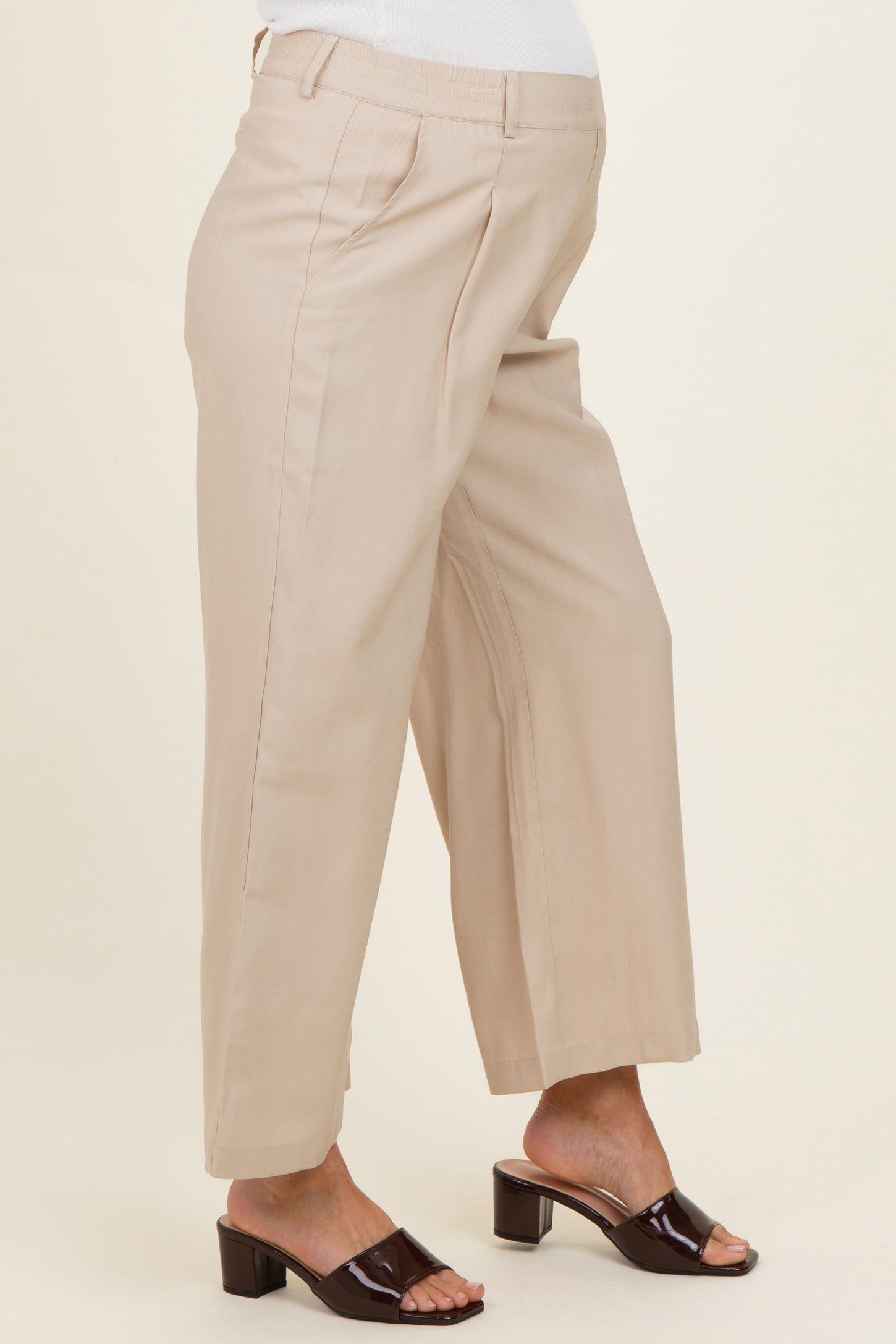 Beige Elastic Waistband Maternity Trousers