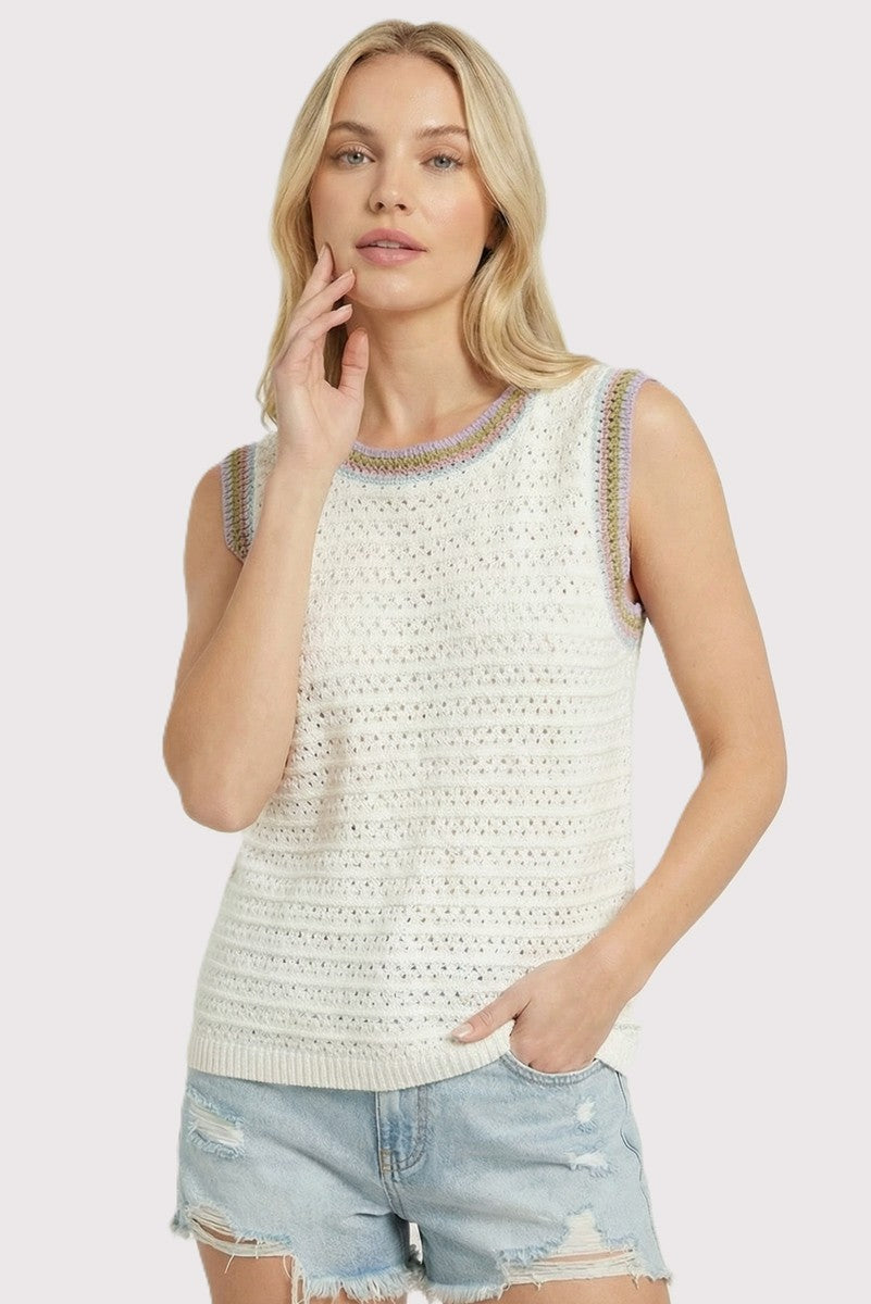 Off White Crochet Trim Pointelle Knit Maternity Tank