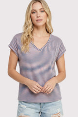 Pink Blue Striped V-Neck Short Sleeve Maternity Top