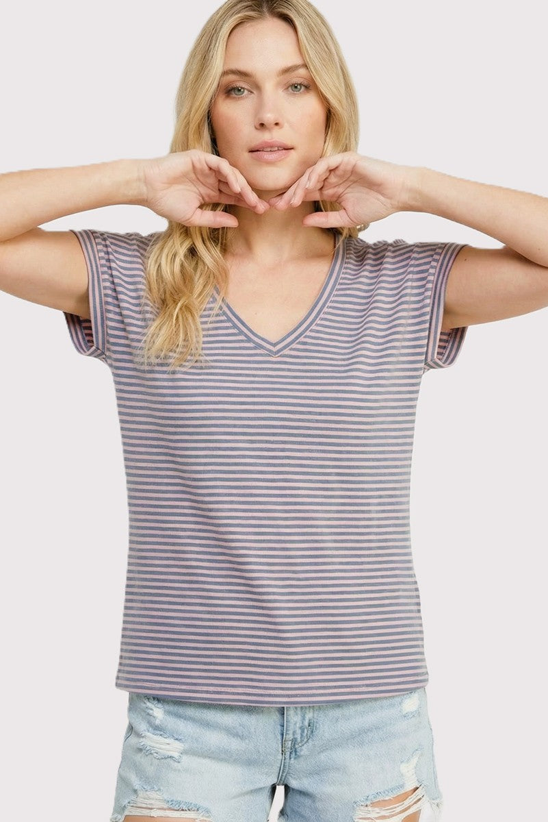 Pink Blue Striped V-Neck Short Sleeve Top
