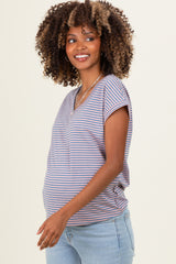 Pink Blue Striped V-Neck Short Sleeve Maternity Top