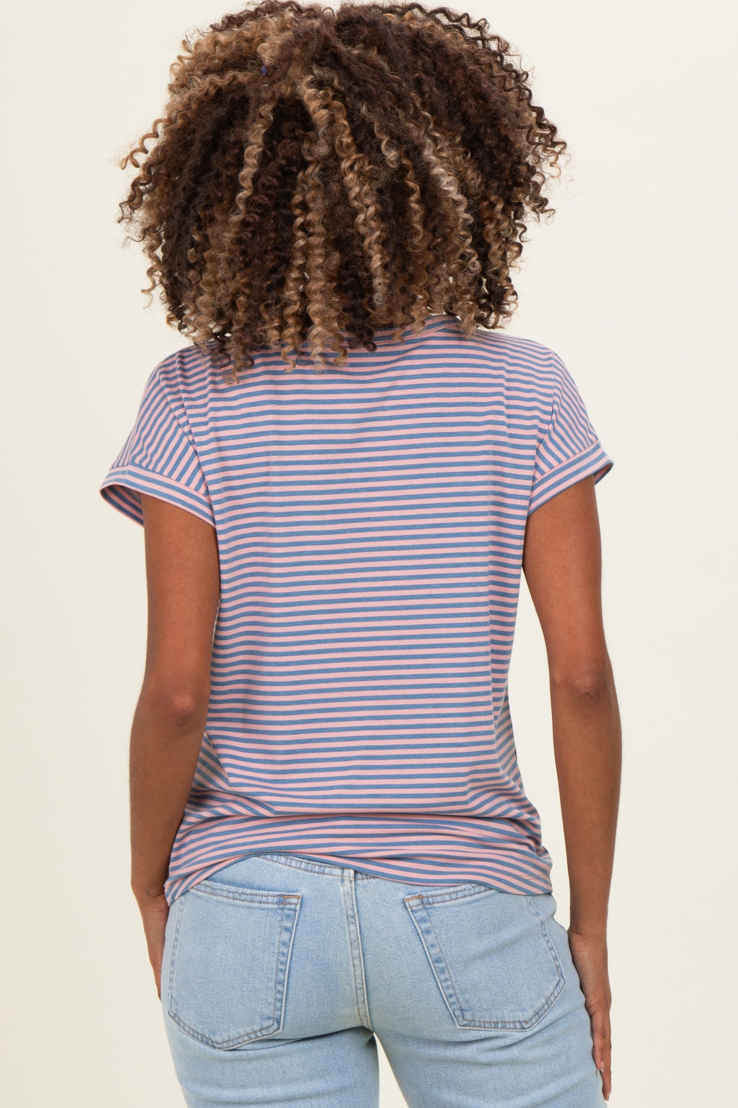 Pink Blue Striped V-Neck Short Sleeve Maternity Top