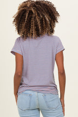 Pink Blue Striped V-Neck Short Sleeve Maternity Top