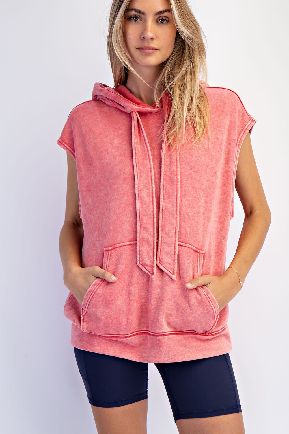 Red Mineral Wash Sleeveless Maternity Hoodie