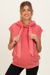 Red Mineral Wash Sleeveless Maternity Hoodie