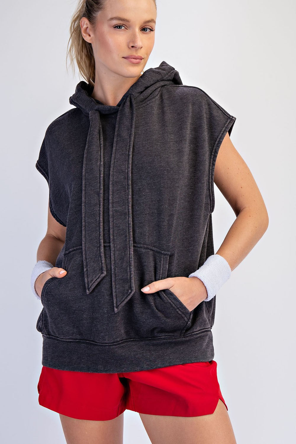 Black Mineral Wash Sleeveless Maternity Hoodie