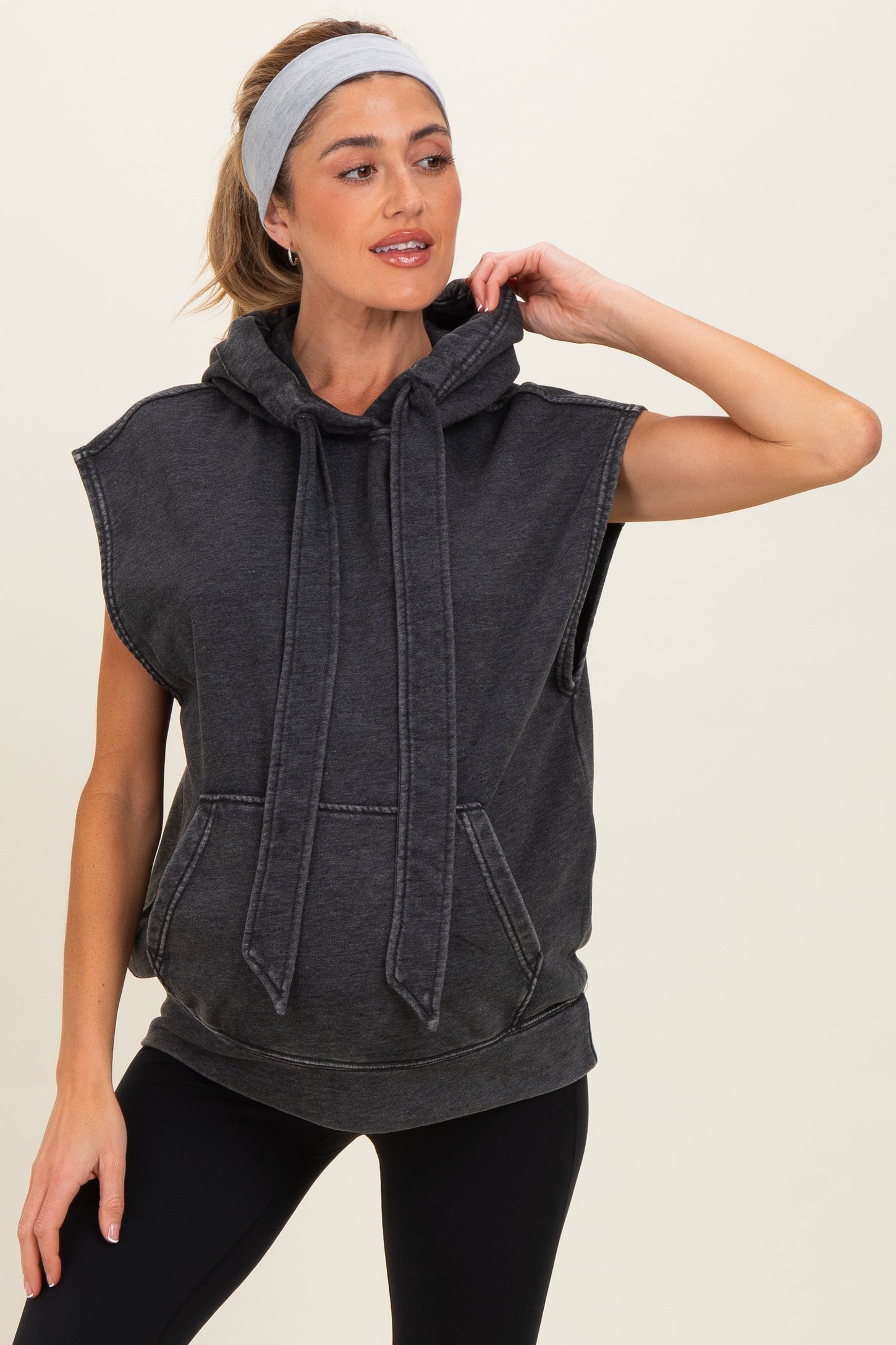 Black Mineral Wash Sleeveless Maternity Hoodie