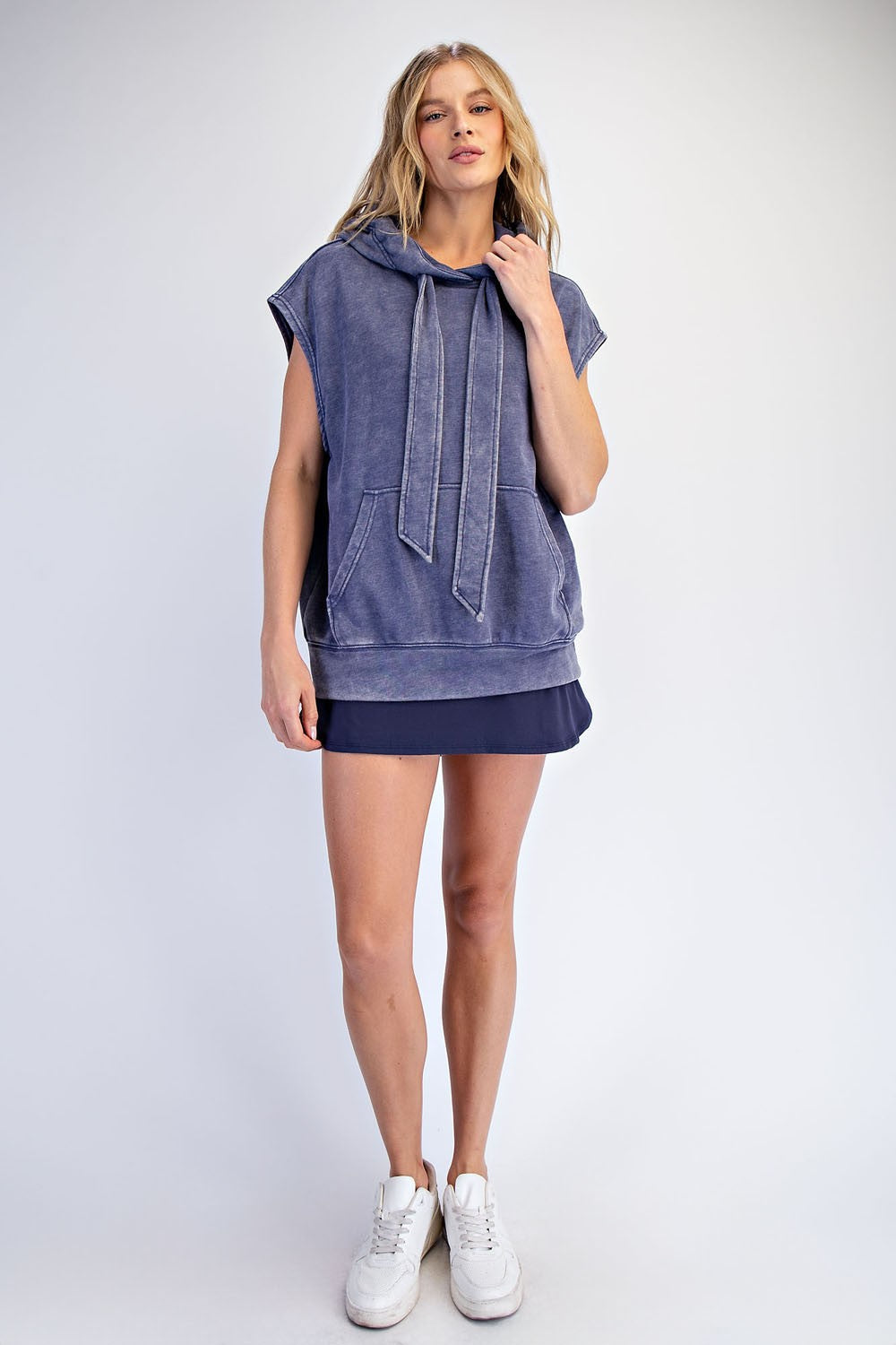 Navy Mineral Wash Sleeveless Maternity Hoodie