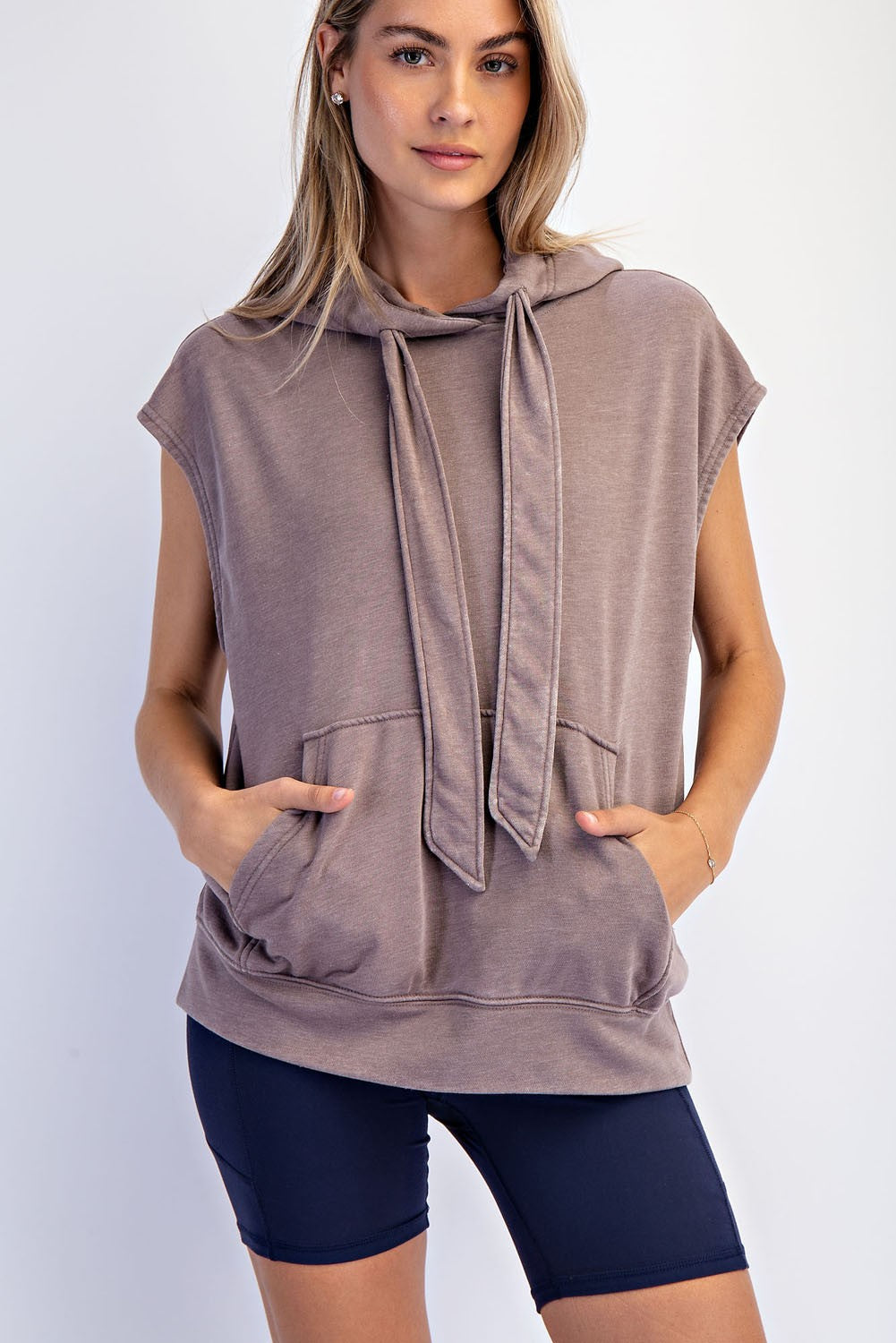 Mocha Mineral Wash Sleeveless Maternity Hoodie