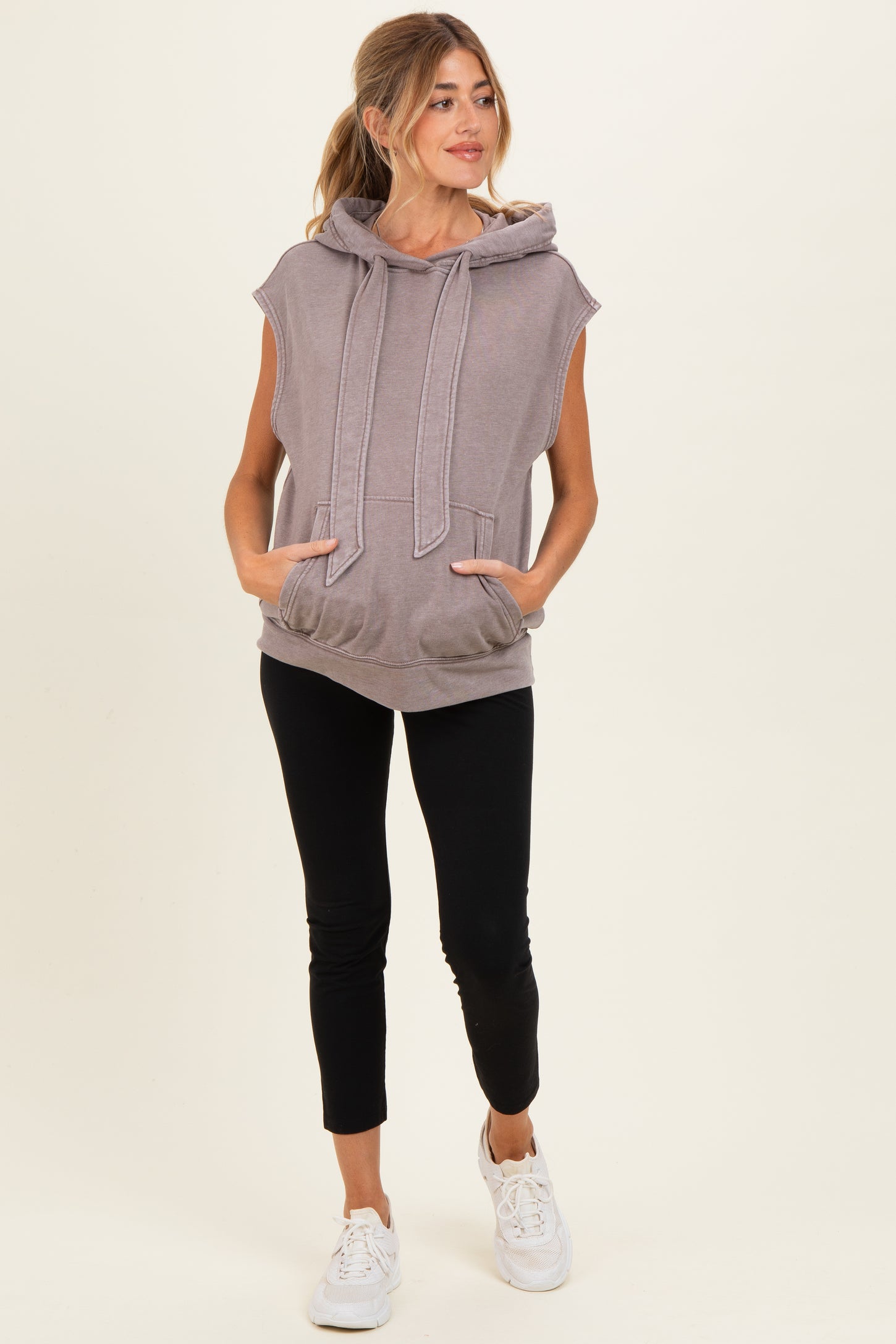 Mocha Mineral Wash Sleeveless Maternity Hoodie