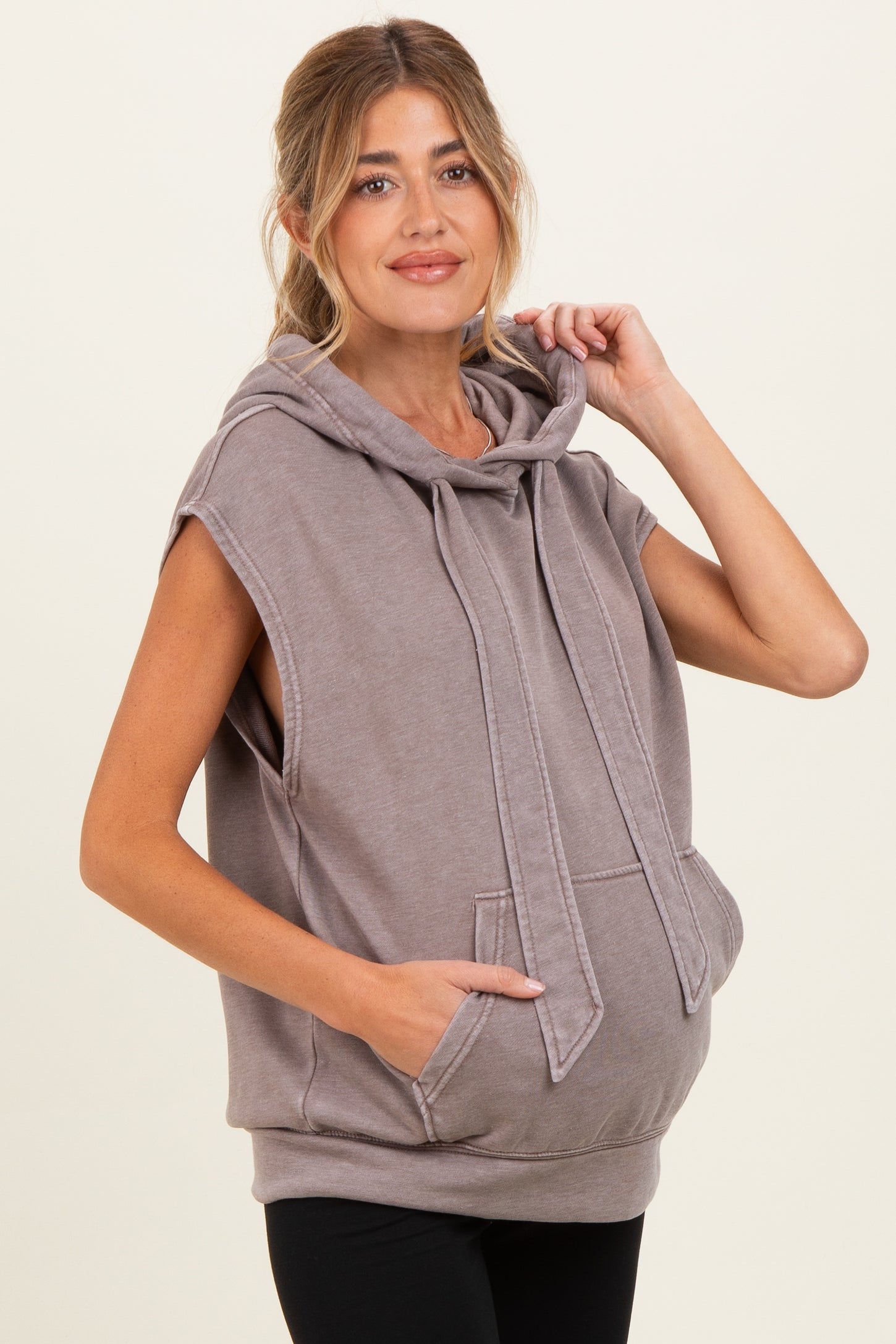 Mocha Mineral Wash Sleeveless Maternity Hoodie