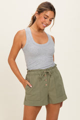 Olive Paper Bag Button Up Twill Shorts