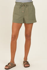 Olive Paper Bag Button Up Twill Shorts
