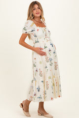 Ivory Floral Puff Sleeve Maternity Midi Dress