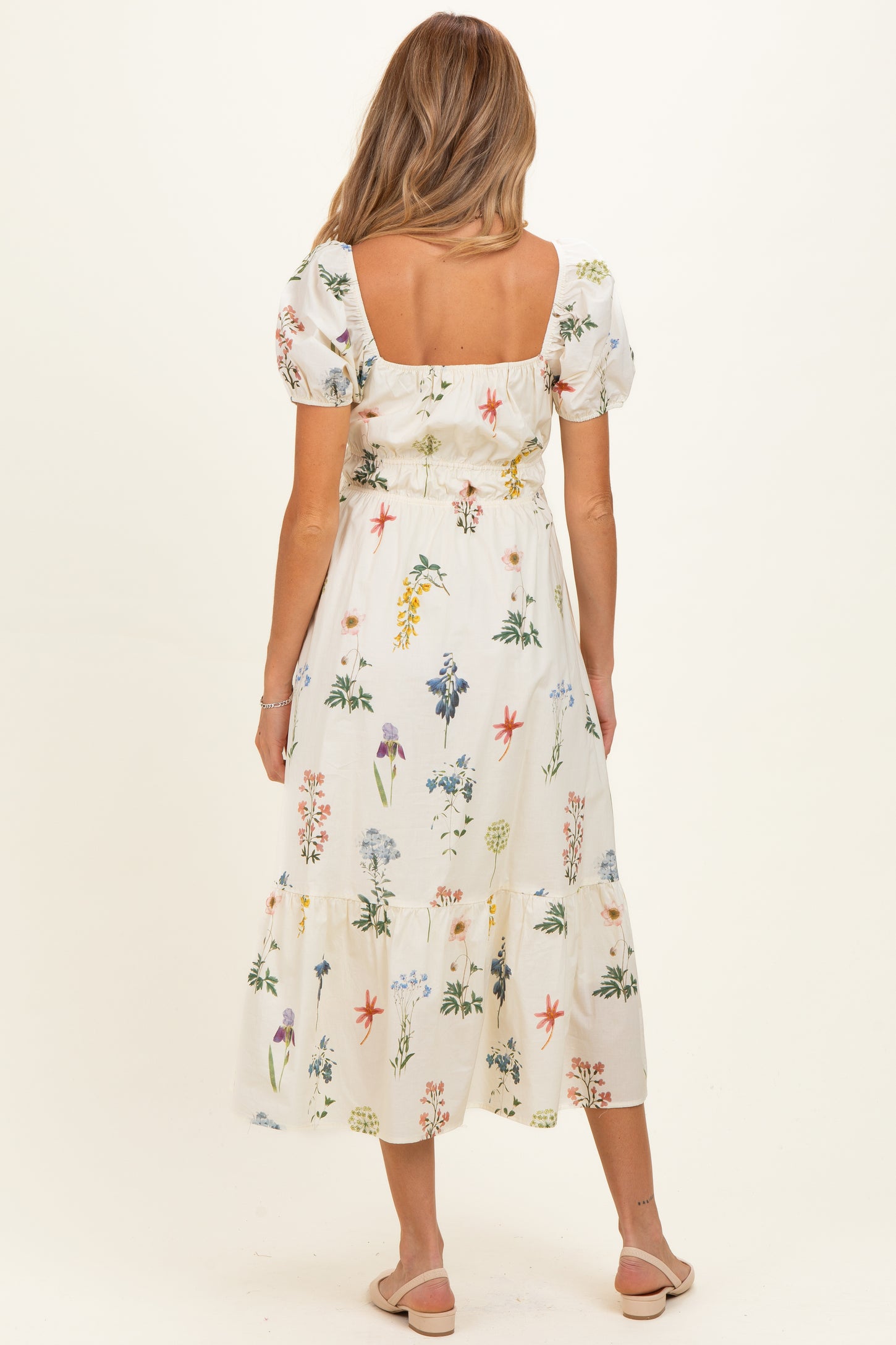 Ivory Floral Puff Sleeve Maternity Midi Dress