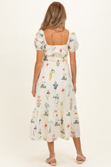 Ivory Floral Puff Sleeve Maternity Midi Dress