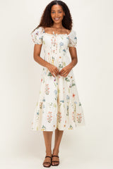 Ivory Floral Puff Sleeve Maternity Midi Dress