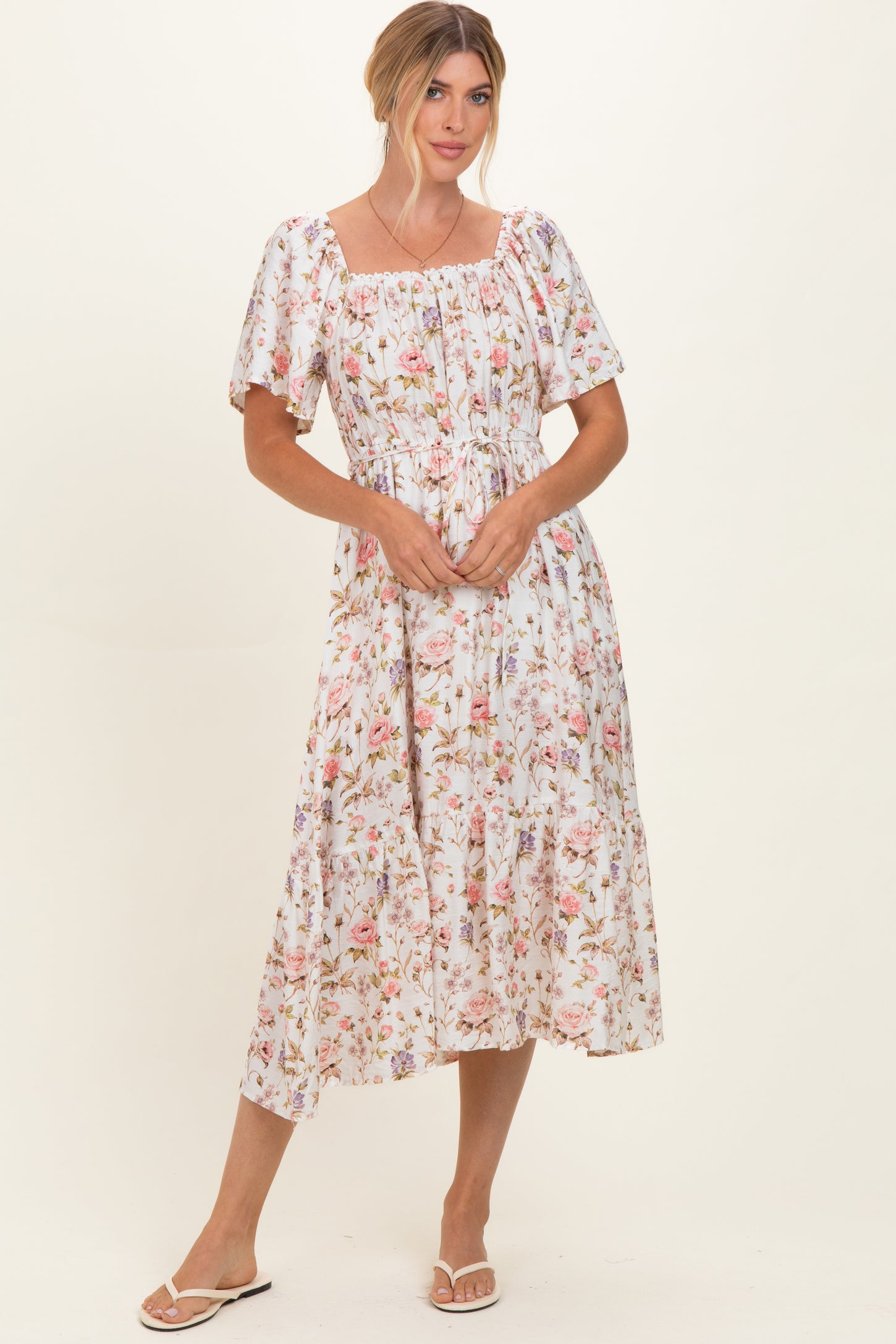 Ivory Floral Flutter Sleeve Maternity Midi Dress