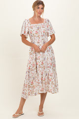Ivory Floral Flutter Sleeve Maternity Midi Dress