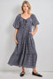 Navy Gingham Puff Sleeve Tiered Maxi Dress