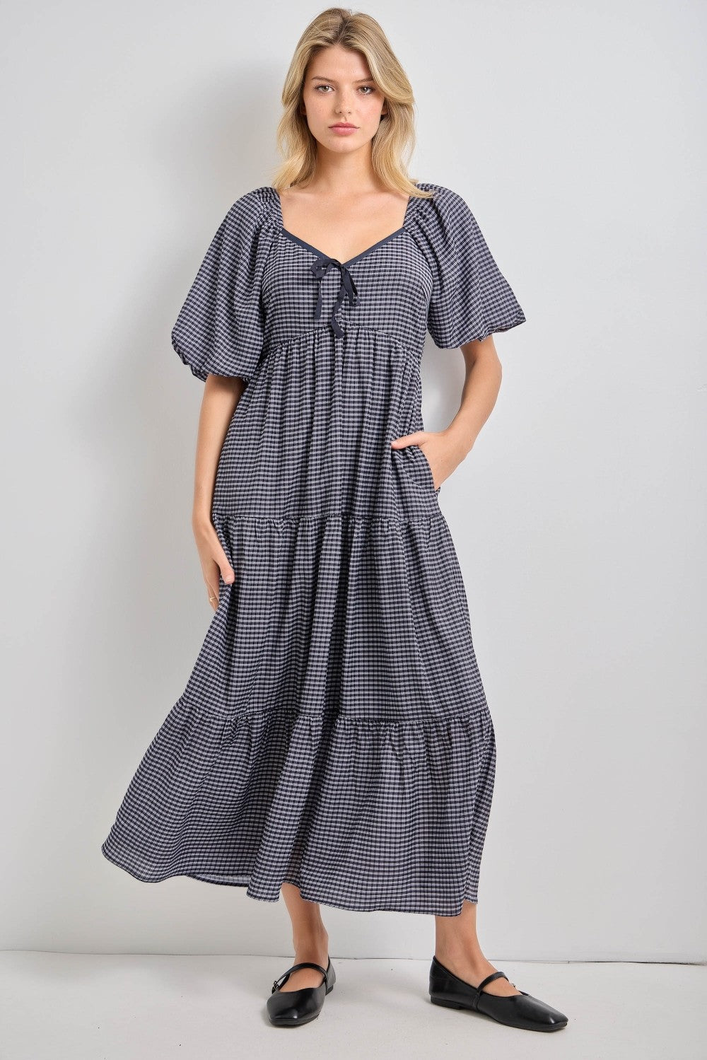 Navy Gingham Puff Sleeve Tiered Maternity Maxi Dress