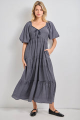 Navy Gingham Puff Sleeve Tiered Maternity Maxi Dress