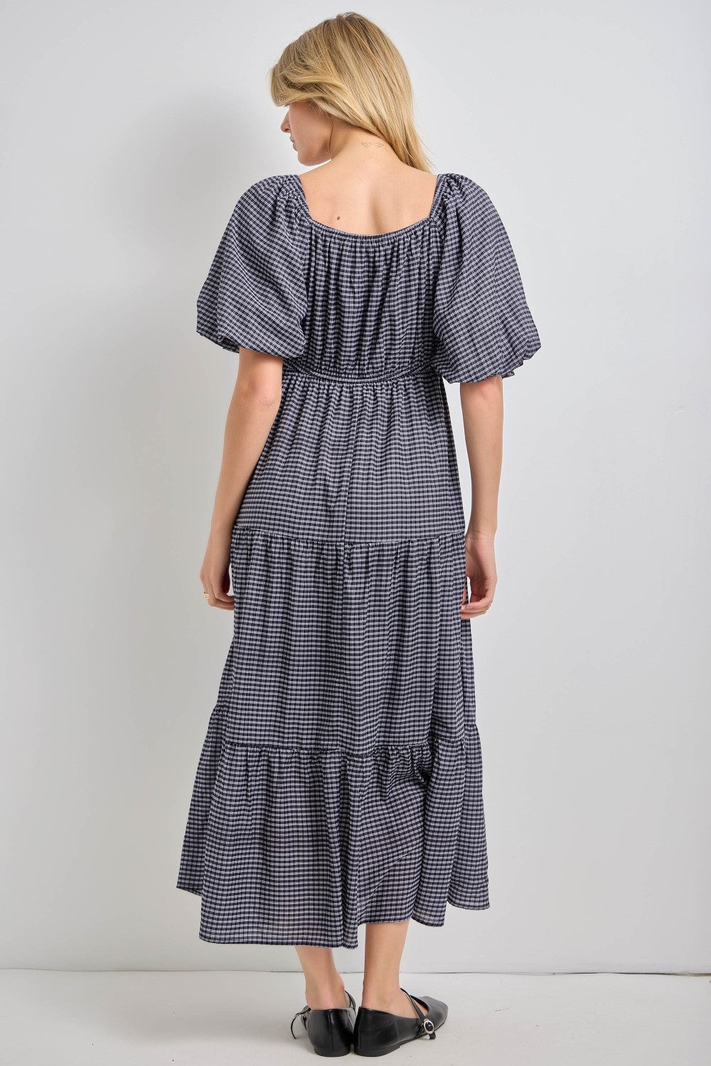 Navy Gingham Puff Sleeve Tiered Maxi Dress