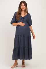 Navy Gingham Puff Sleeve Tiered Maternity Maxi Dress