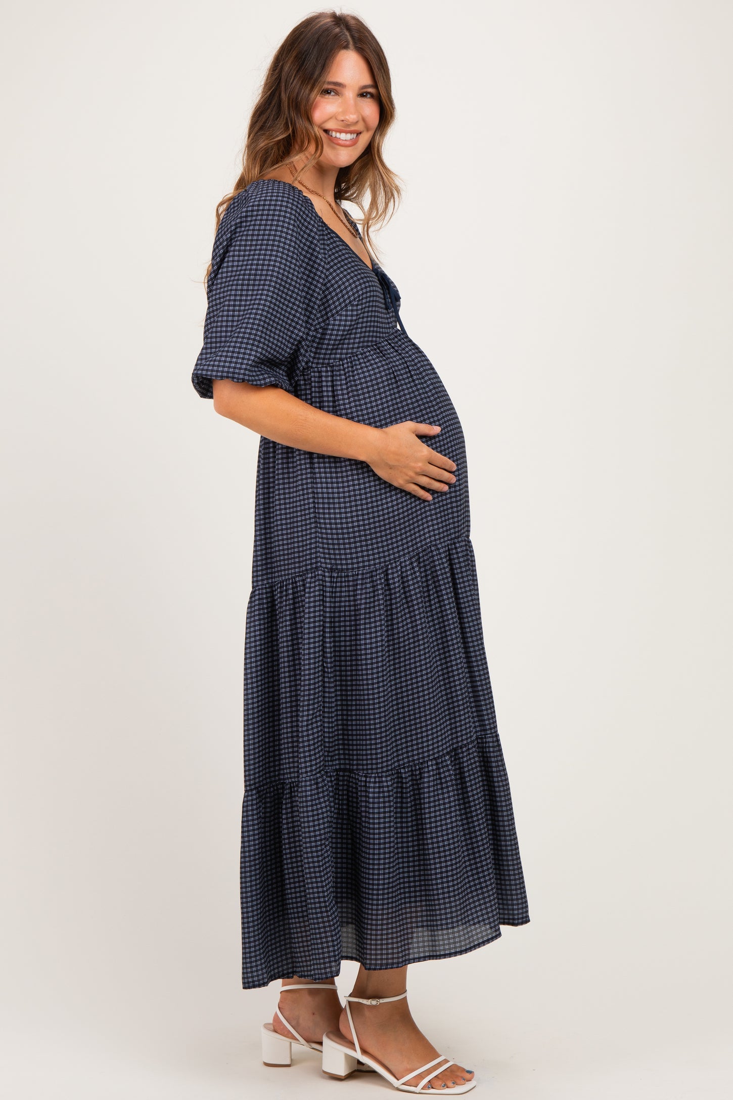 Navy Gingham Puff Sleeve Tiered Maternity Maxi Dress