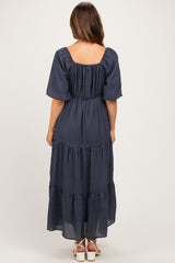 Navy Gingham Puff Sleeve Tiered Maternity Maxi Dress