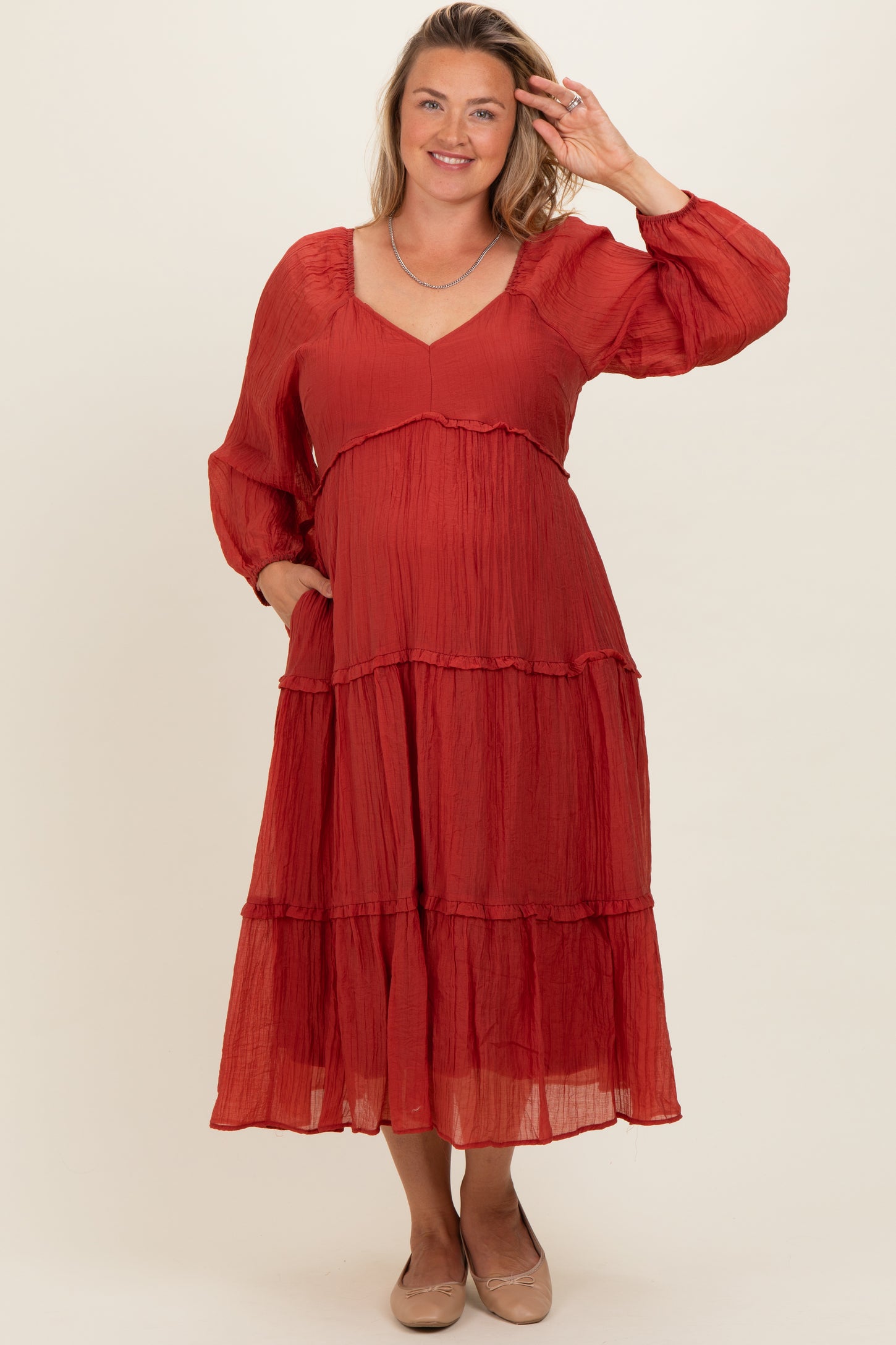 Rust Ruffle Accent Tiered Long Sleeve Maternity Plus Maxi Dress