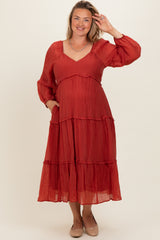 Rust Ruffle Accent Tiered Long Sleeve Maternity Plus Maxi Dress