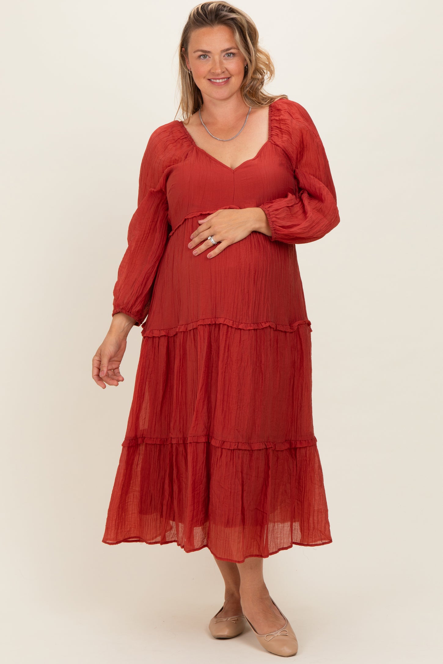 Rust Ruffle Accent Tiered Long Sleeve Maternity Plus Maxi Dress