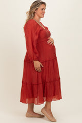 Rust Ruffle Accent Tiered Long Sleeve Maternity Plus Maxi Dress